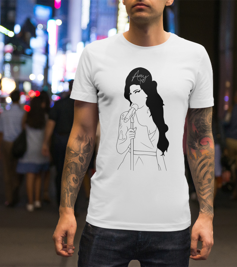 Amy Winehouse Line Art With Signature Mic Pose T-Shirt