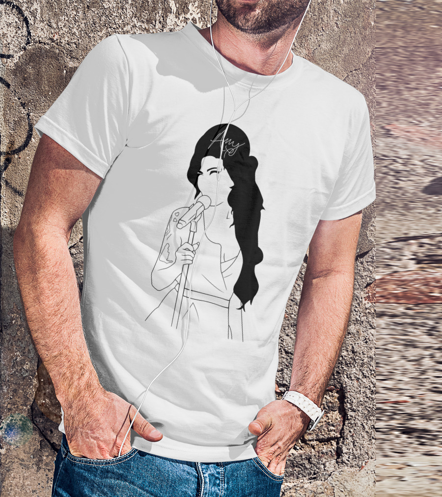 Amy Winehouse Line Art With Signature Mic Pose T-Shirt