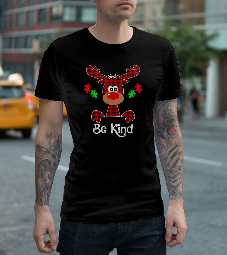 Be Kind Red Plaid Reindeer with Green Puzzle Pieces T-Shirt