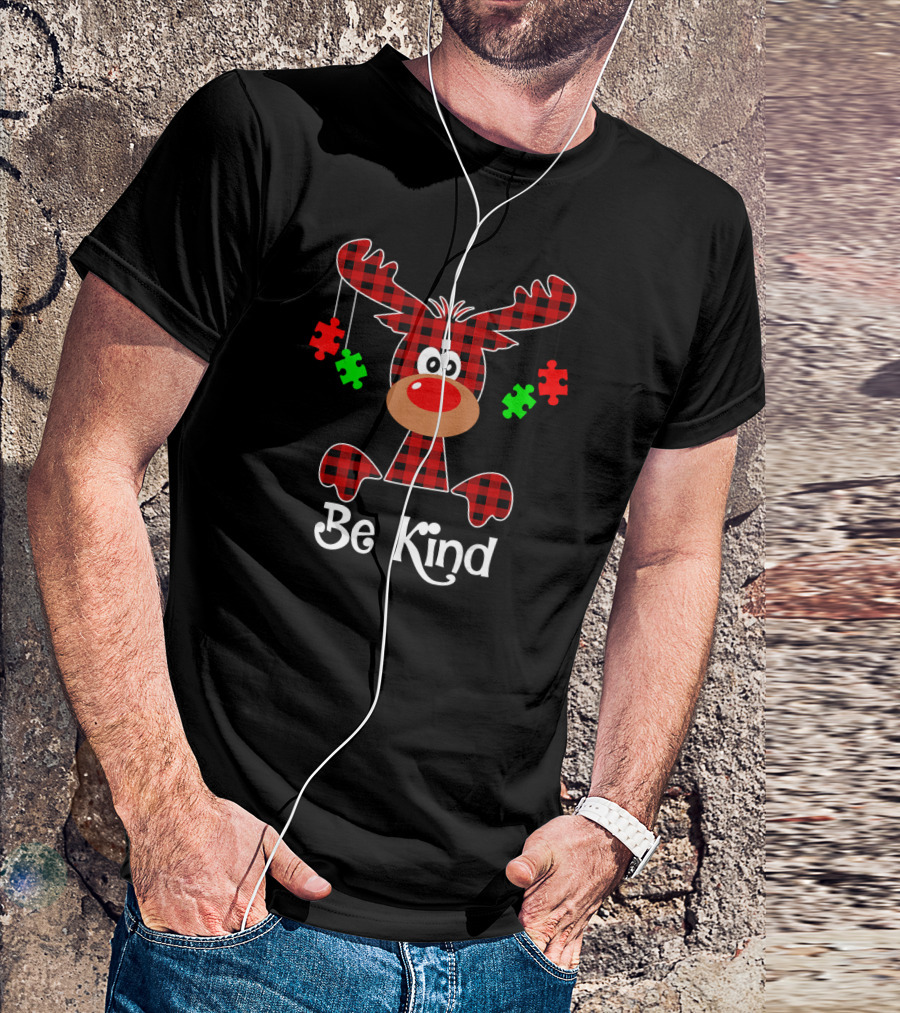 Be Kind Red Plaid Reindeer With Green Puzzle Pieces T-Shirt