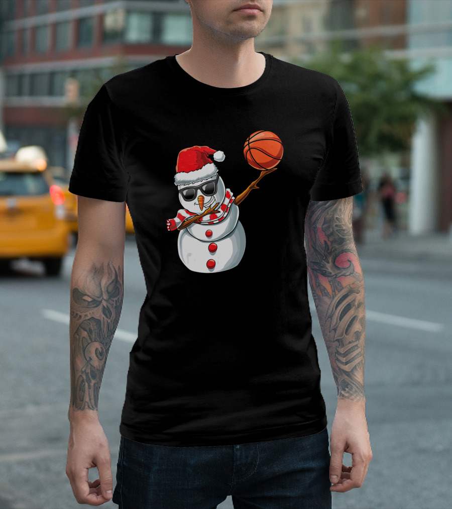 Christmas Snowman Dabbing Basketball Santa Scarf Glasses T-Shirt