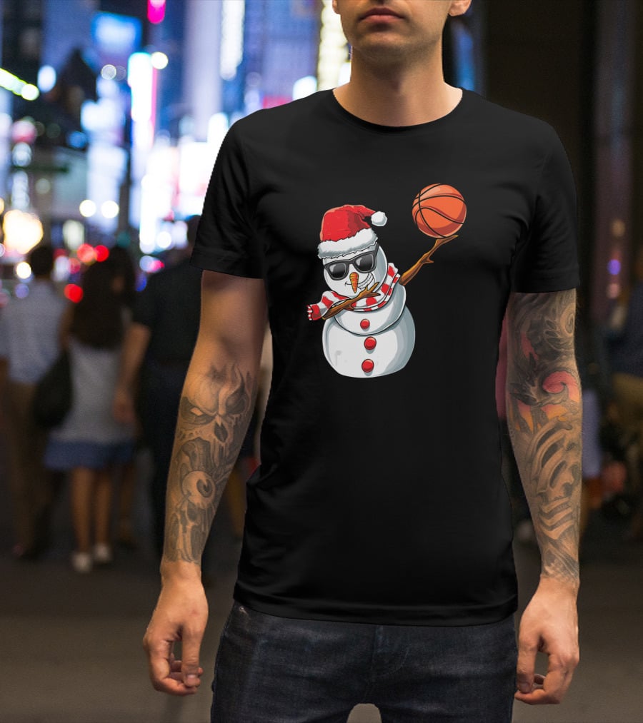 Christmas Snowman Dabbing Basketball Santa Scarf Glasses T-Shirt