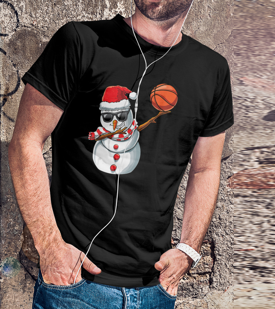 Christmas Snowman Dabbing Basketball Santa Scarf Glasses T-Shirt