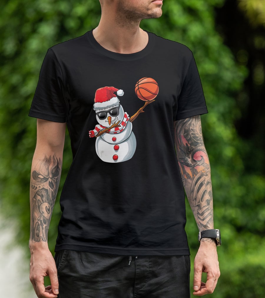 Christmas Snowman Dabbing Basketball Santa Scarf Glasses T-Shirt