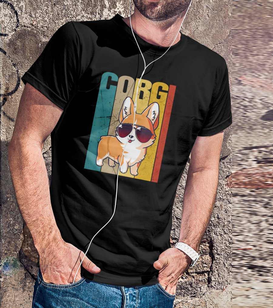 Corgi With Sunglasses Retro Stripes T-Shirt
