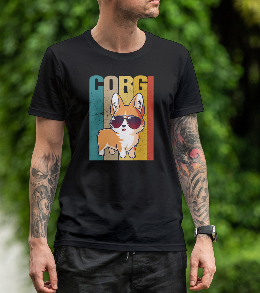 Corgi With Sunglasses Retro Stripes T-Shirt