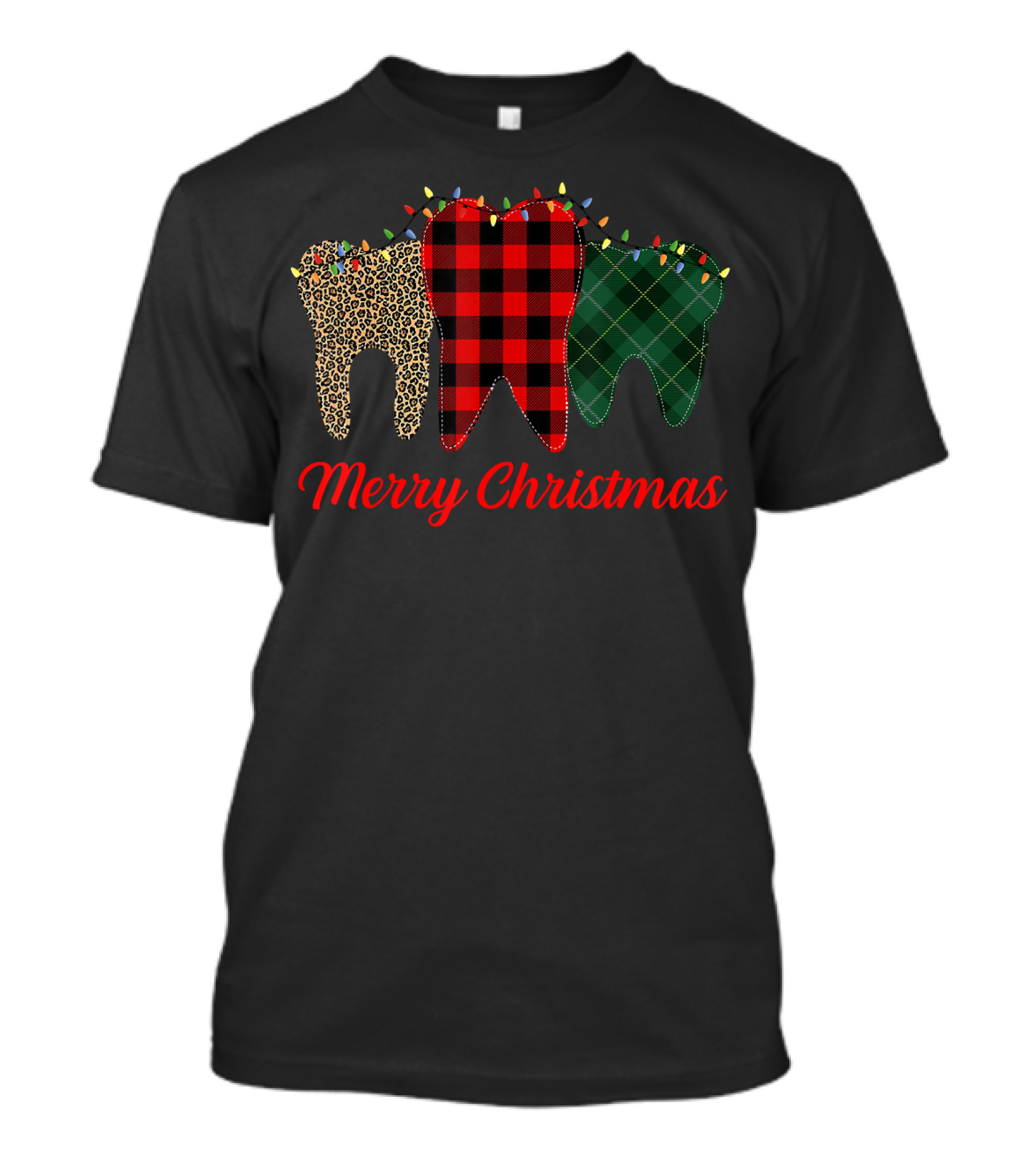 Merry Christmas Teeth Plaid Leopard Pattern With Holiday Lights T-Shirt