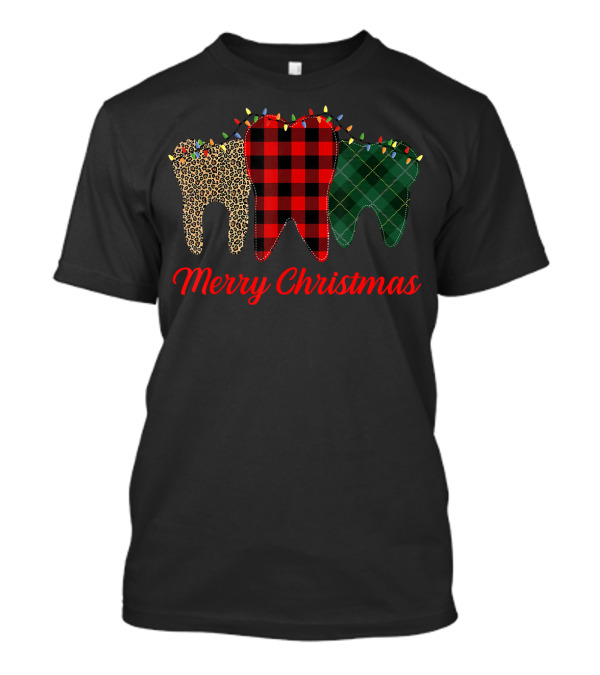 Merry Christmas Teeth Plaid Leopard Pattern With Holiday Lights T-Shirt