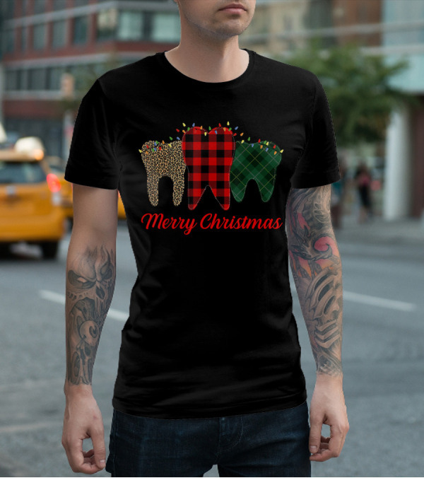 Merry Christmas Teeth Plaid Leopard Pattern With Holiday Lights T-Shirt