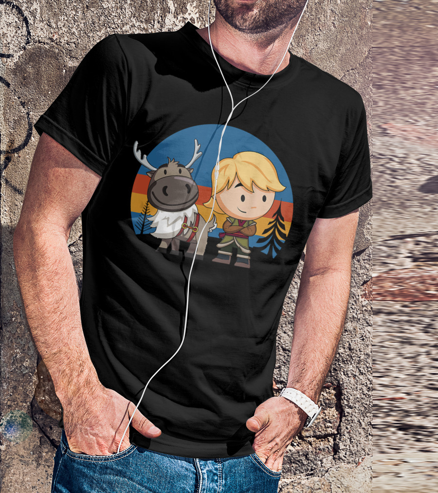 Frozen 2 Chibi Sven And Kristoff Retro Sunset Scene T-Shirt