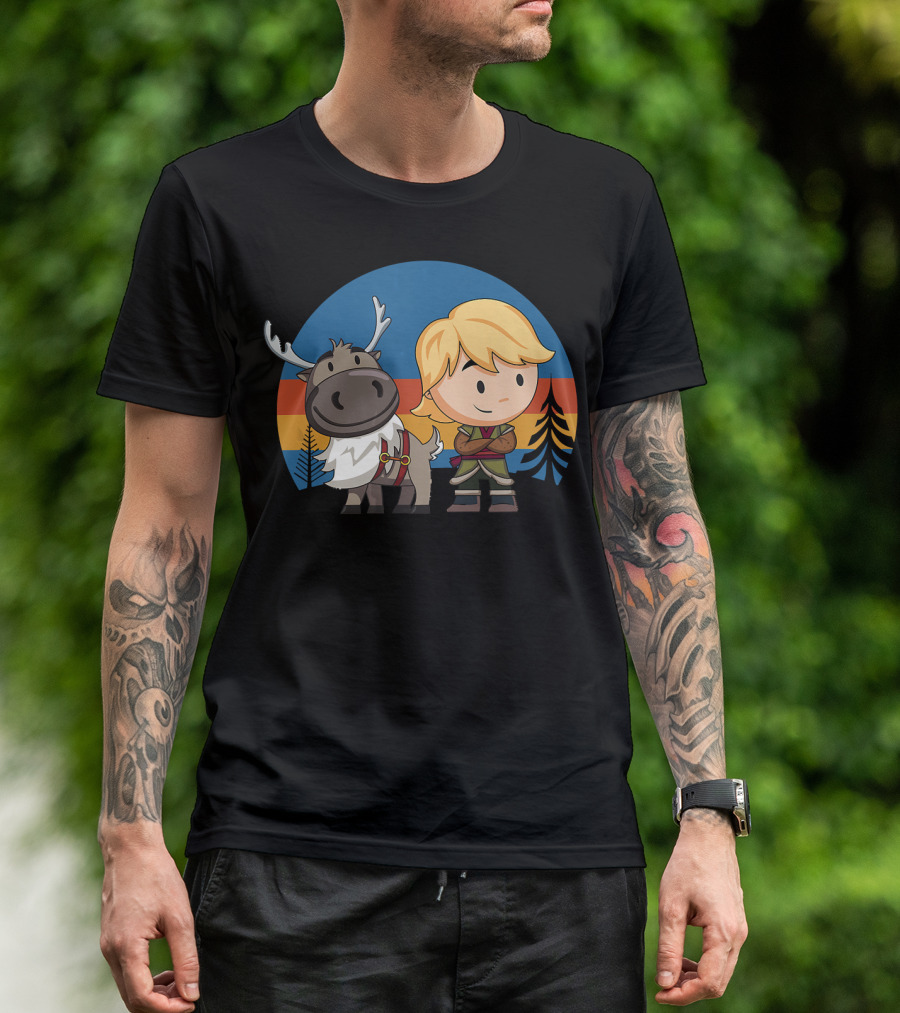Frozen 2 Chibi Sven And Kristoff Retro Sunset Scene T-Shirt
