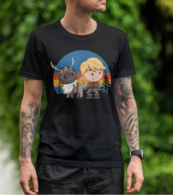 Frozen 2 Chibi Sven And Kristoff Retro Sunset Scene T-Shirt