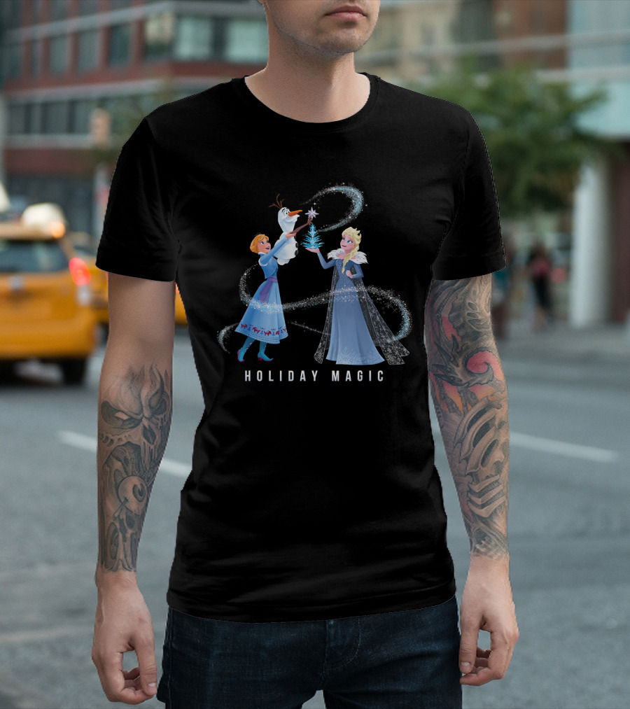 Disney Frozen Elsa Anna Olaf Holiday Magic Sparkling Winter Scene T-Shirt