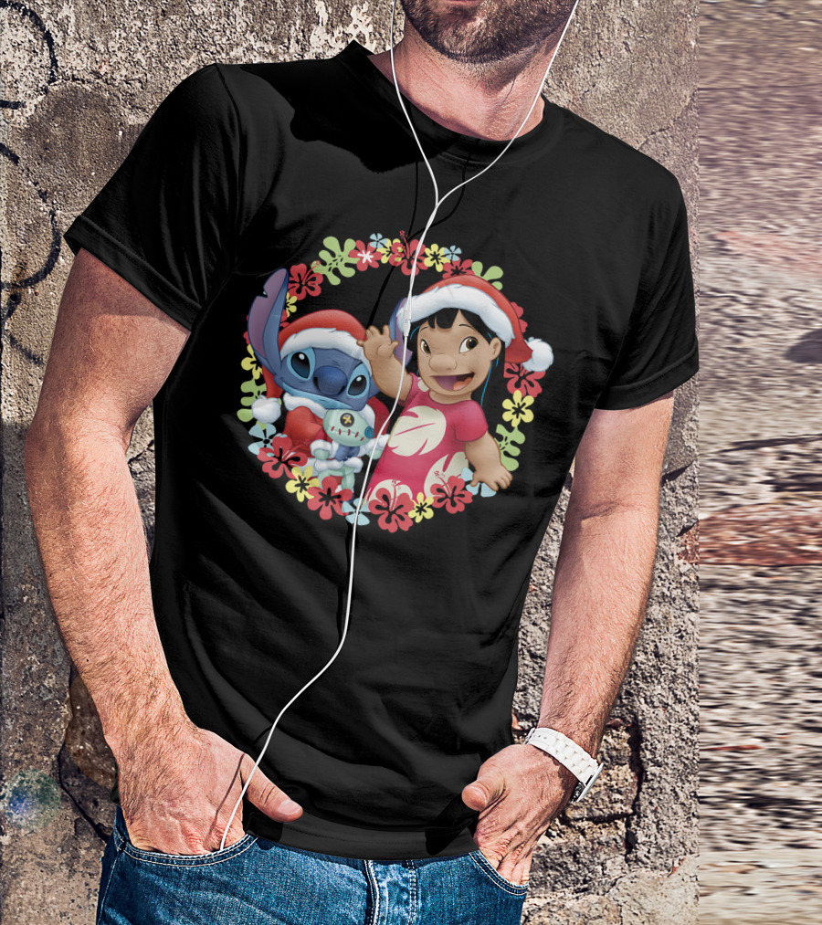 Disney Lilo And Stitch Christmas Santa Hats Hawaiian Flower Wreath T-Shirt