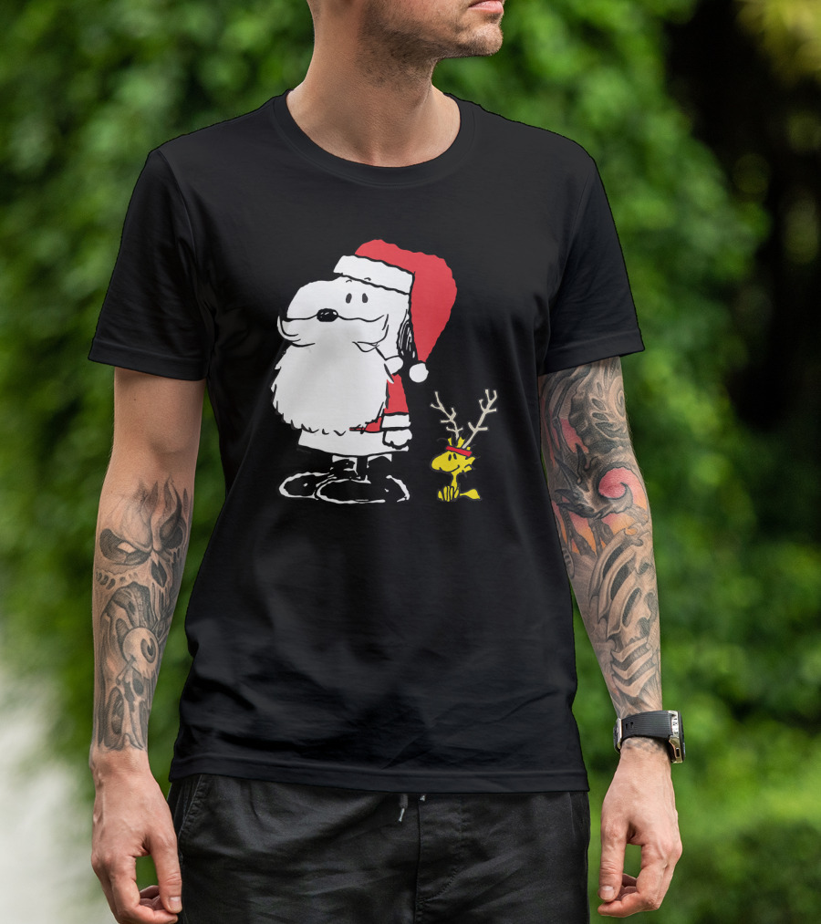 Peanuts Snoopy And Woodstock In Santa And Antlers Holiday Shop T-Shirt