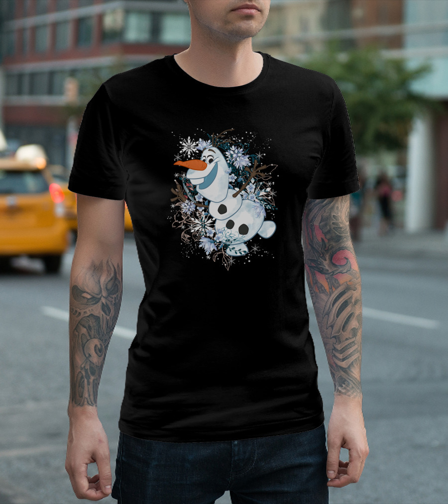 Disney Frozen Olaf Joyfully Dancing Among Snowflakes and Flowers T-Shirt