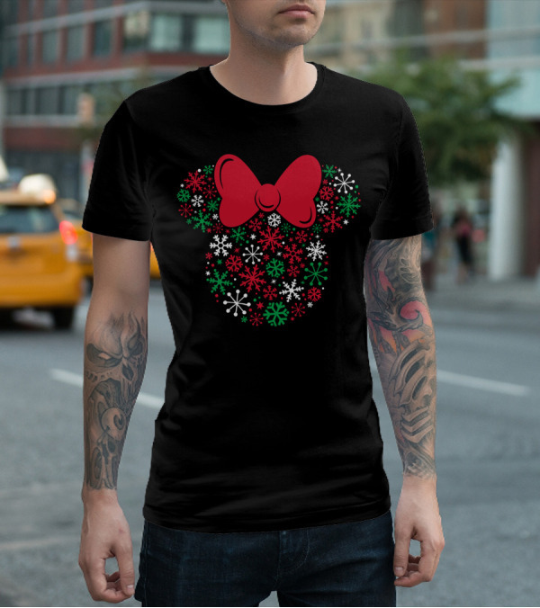 Disney Minnie Mouse Holiday Snowflakes Icon With Red Bow T-Shirt