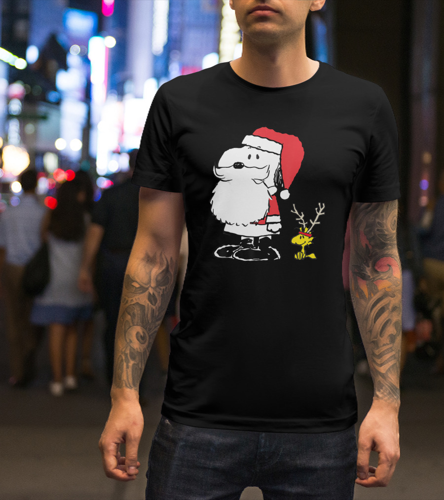 Snoopy Santa With Woodstock Antlers Peanuts Holiday T-Shirt