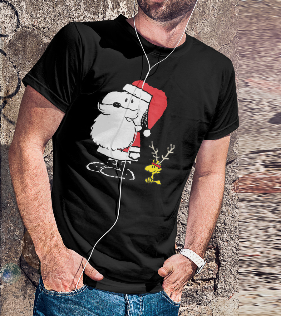 Snoopy Santa With Woodstock Antlers Peanuts Holiday T-Shirt