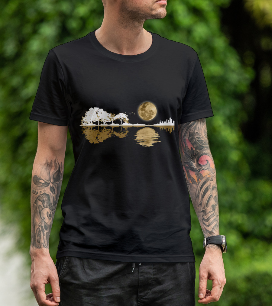 Acoustic Guitar Player Birthday Moonlit Lakeside Reflection T-Shirt