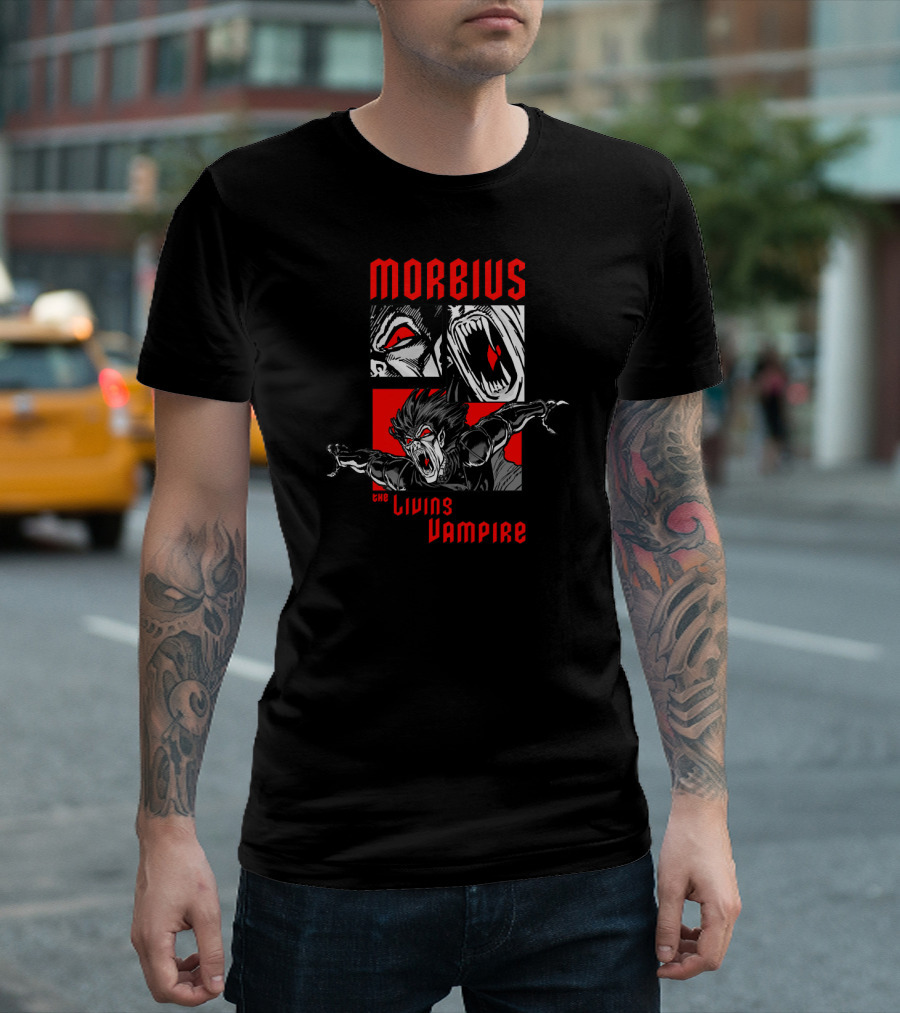 Marvel Morbius The Living Vampire Panels Red Black Comic T-Shirt
