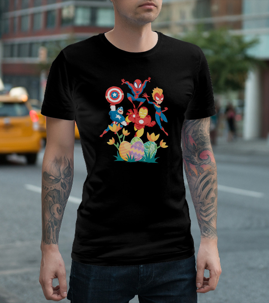 Marvel Avengers Easter Egg Hunt with Captain America Spiderman Iron Man and Captain Marvel T-Shirt