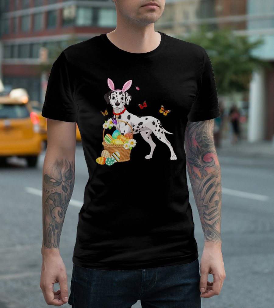 Dalmatian with Bunny Ears Holding Easter Egg Basket and Butterflies T-Shirt