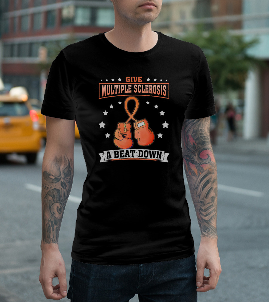 Give Multiple Sclerosis a Beat Down Boxing Gloves Ribbon Stars T-Shirt