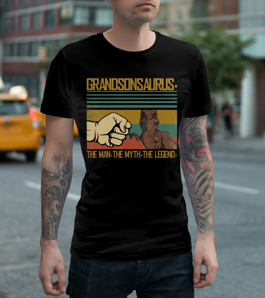 Grandsonsaurus The Man The Myth The Legend Dinosaur Fist Retro Stripes T-Shirt