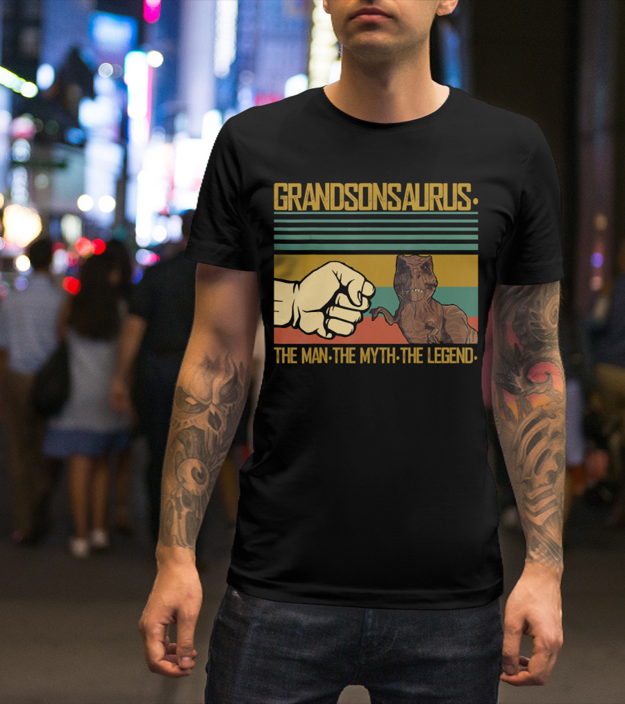 Grandsonsaurus The Man The Myth The Legend Dinosaur Fist Retro Stripes T-Shirt