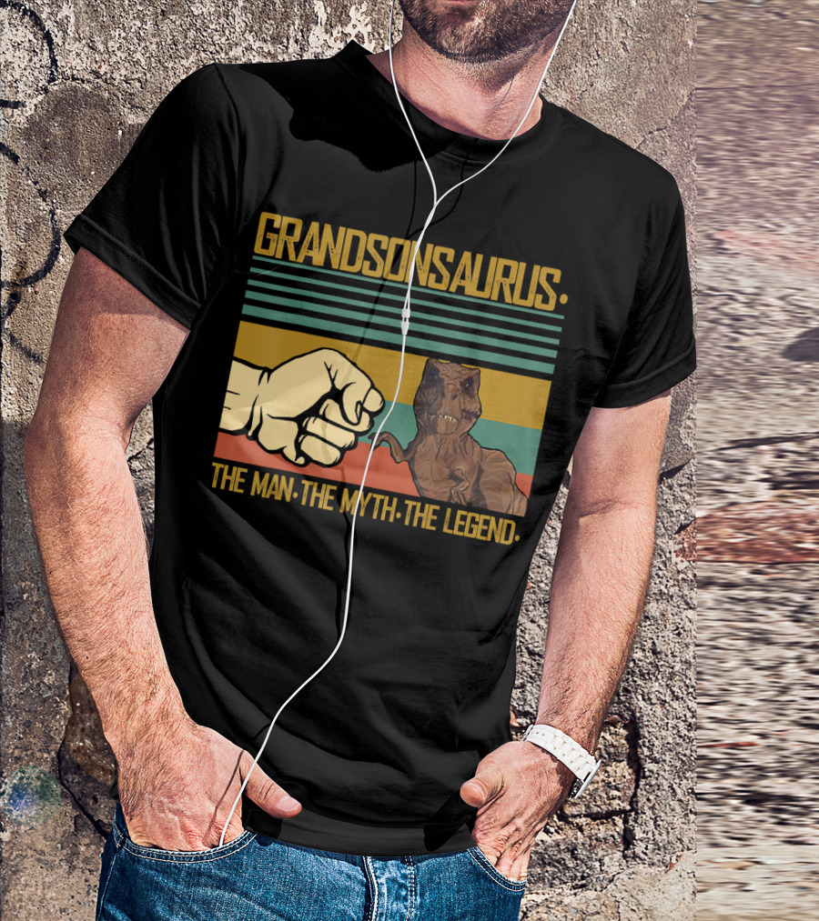 Grandsonsaurus The Man The Myth The Legend Dinosaur Fist Retro Stripes T-Shirt