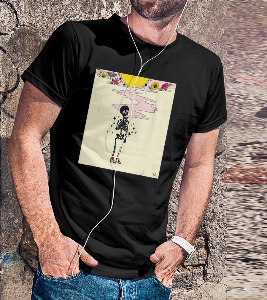 Smoking Skeleton Sun Flowers Sneakers Graphic Fashion T-Shirt