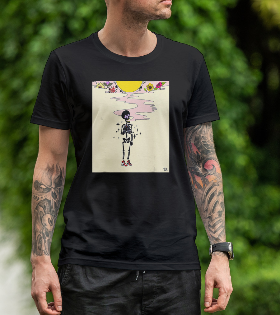 Smoking Skeleton Sun Flowers Sneakers Graphic Fashion T-Shirt
