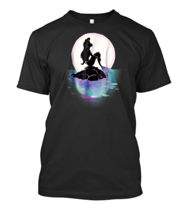 Disney Ariel Little Mermaid Silhouette Against Colorful Sunset Moon T-Shirt