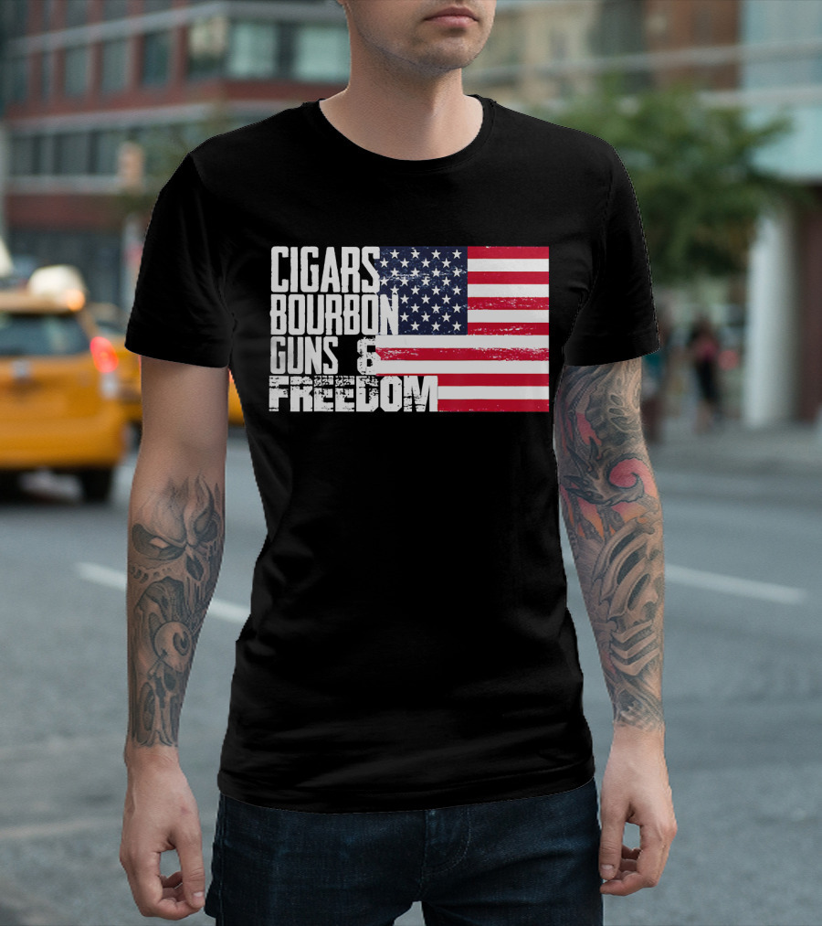 Cigars Bourbon Guns Freedom American Flag T-Shirt