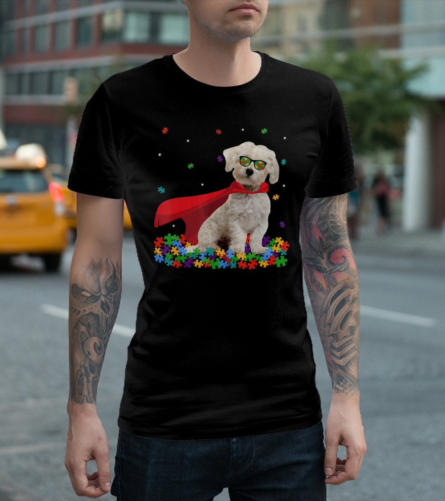 Superhero Maltese Dog Puzzle Pieces Autism Awareness T-Shirt