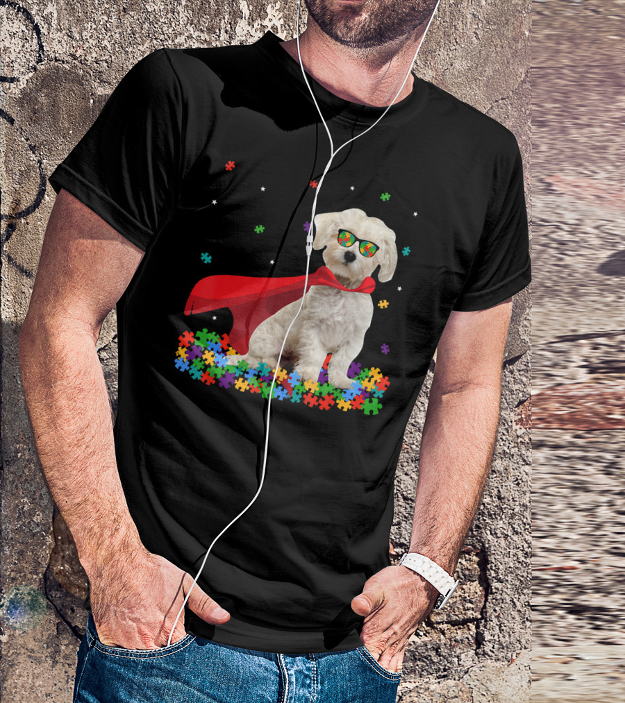 Superhero Maltese Dog Puzzle Pieces Autism Awareness T-Shirt