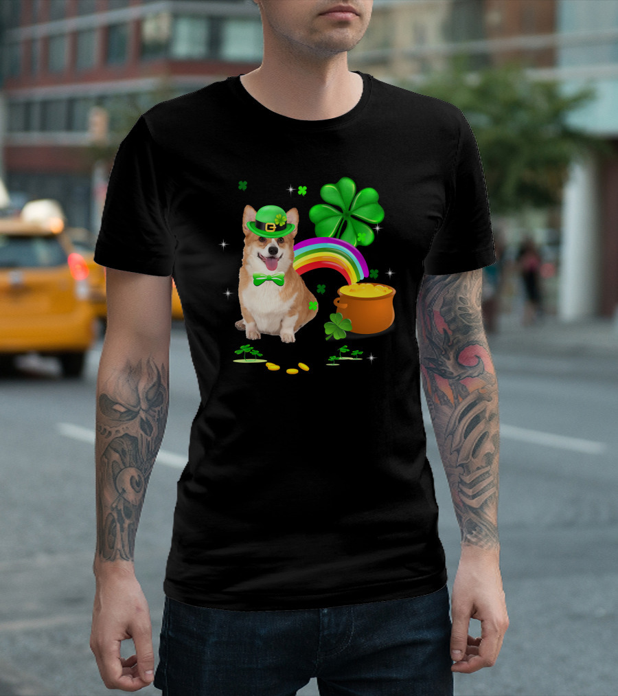 Corgi Dog Shamrock St Patricks Day Leprechaun Rainbow Pot of Gold T-Shirt
