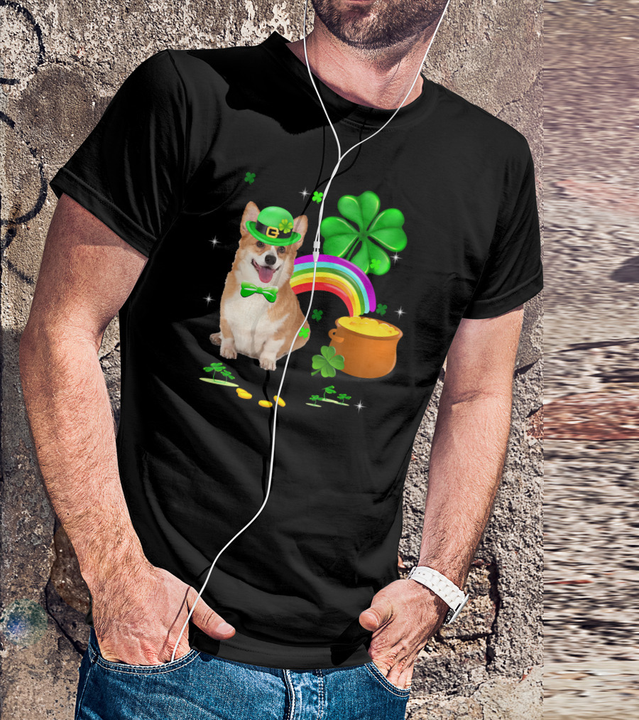 Corgi Dog Shamrock St Patricks Day Leprechaun Rainbow Pot Of Gold T-Shirt