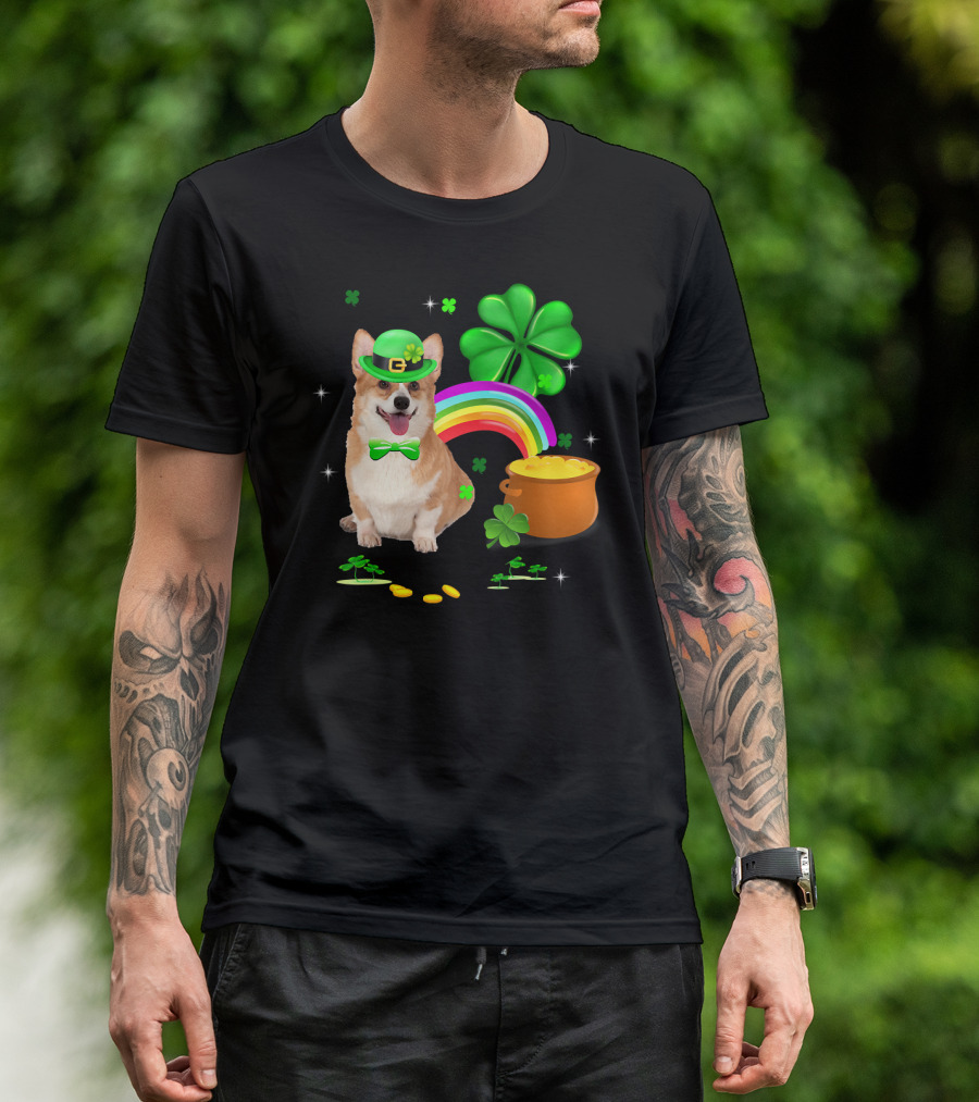 Corgi Dog Shamrock St Patricks Day Leprechaun Rainbow Pot Of Gold T-Shirt