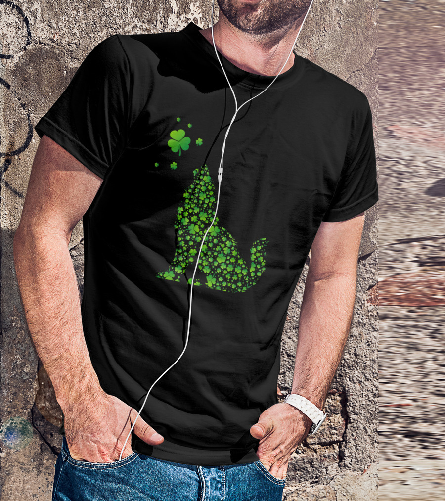 Shamrock Patterned Wolf With Clover Accents T-Shirt