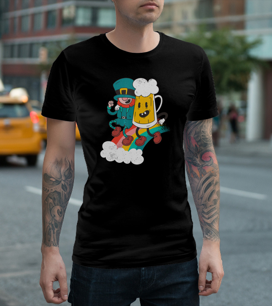 Leprechaun And Beer Besties Riding Rainbow With Clouds T-Shirt