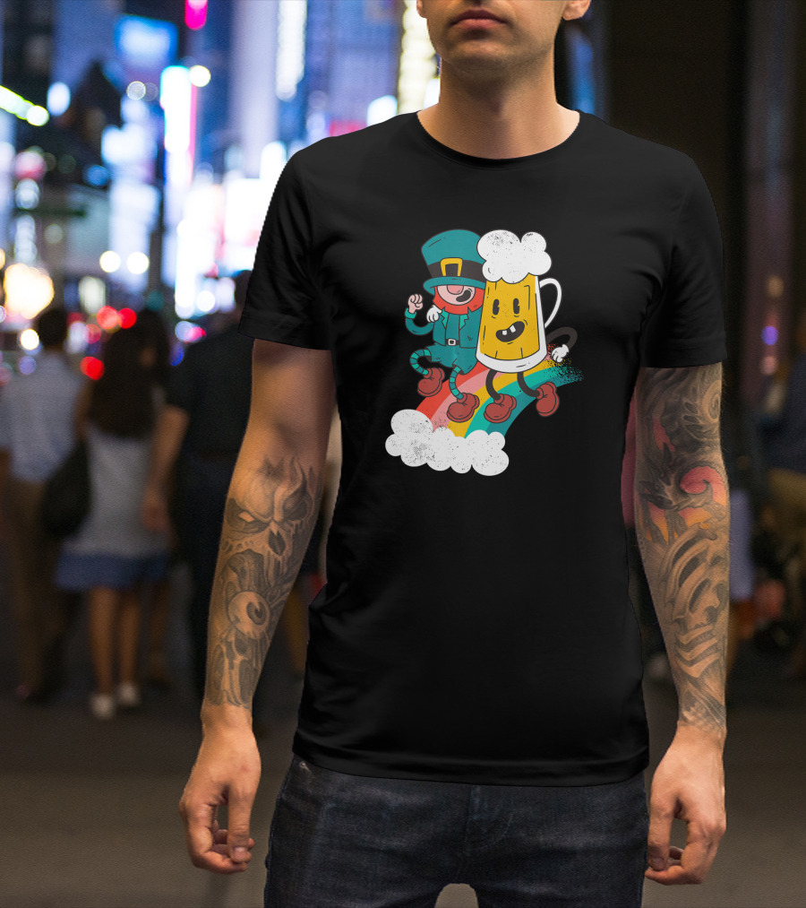 Leprechaun And Beer Besties Riding Rainbow With Clouds T-Shirt