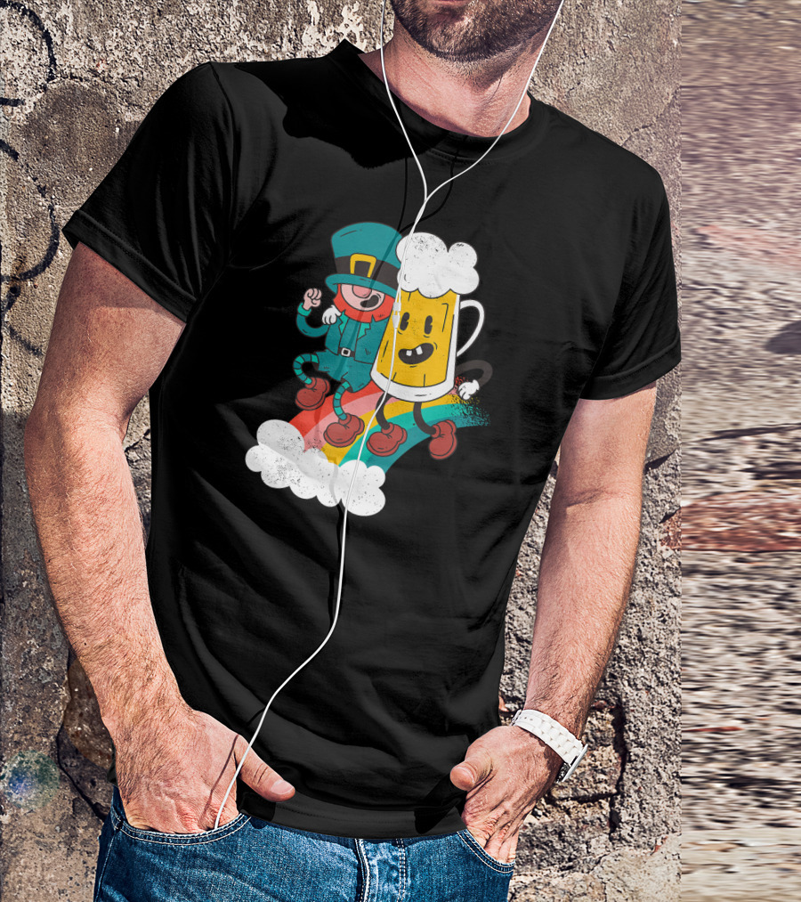 Leprechaun And Beer Besties Riding Rainbow With Clouds T-Shirt