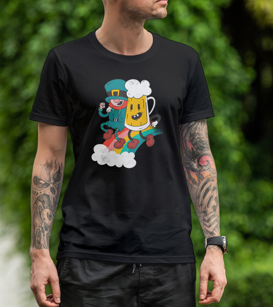 Leprechaun And Beer Besties Riding Rainbow With Clouds T-Shirt