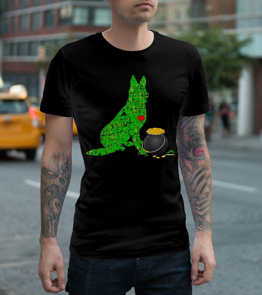 St Patricks Day Shamrock German Shepherd with Pot of Gold T-Shirt