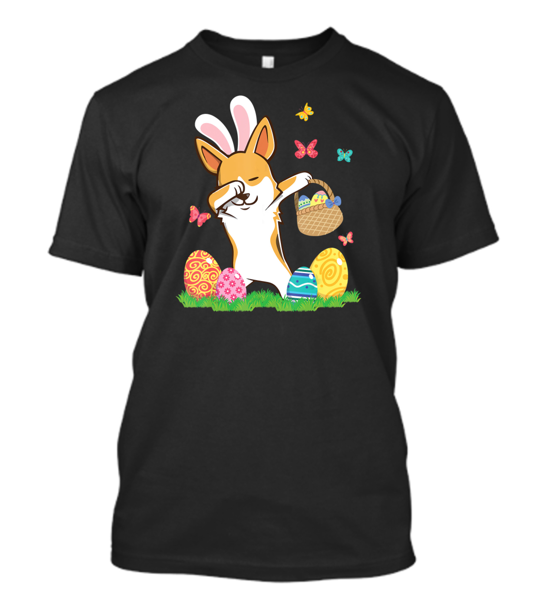 Corgi Bunny Dog Dabbing With Colorful Easter Eggs And Butterflies T-Shirt