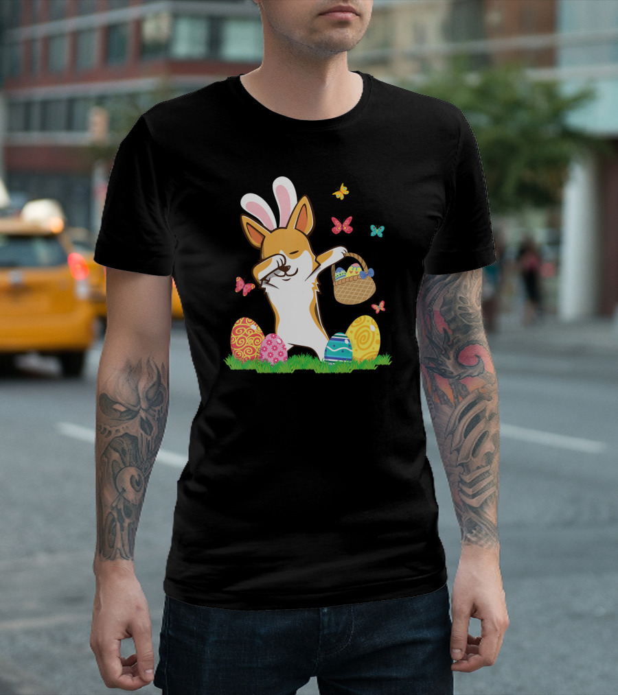 Corgi Bunny Dog Dabbing with Colorful Easter Eggs and Butterflies T-Shirt