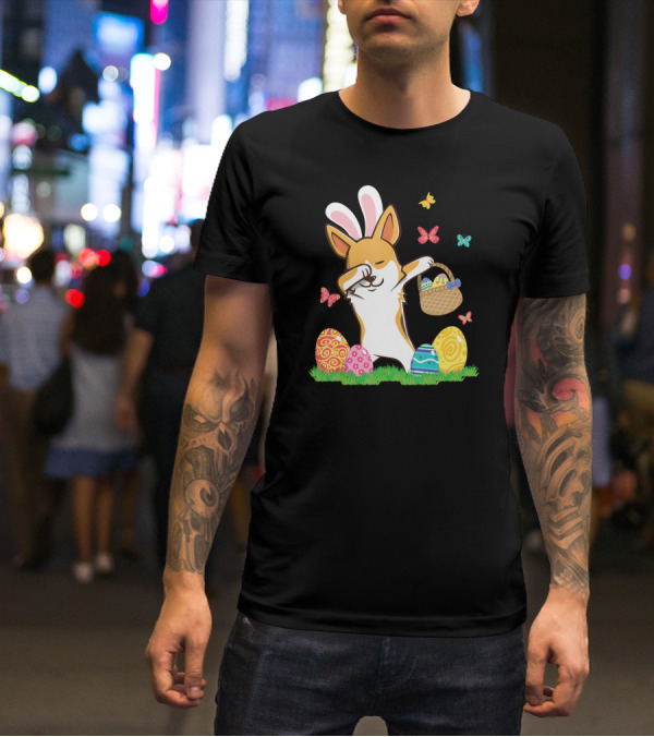 Corgi Bunny Dog Dabbing With Colorful Easter Eggs And Butterflies T-Shirt
