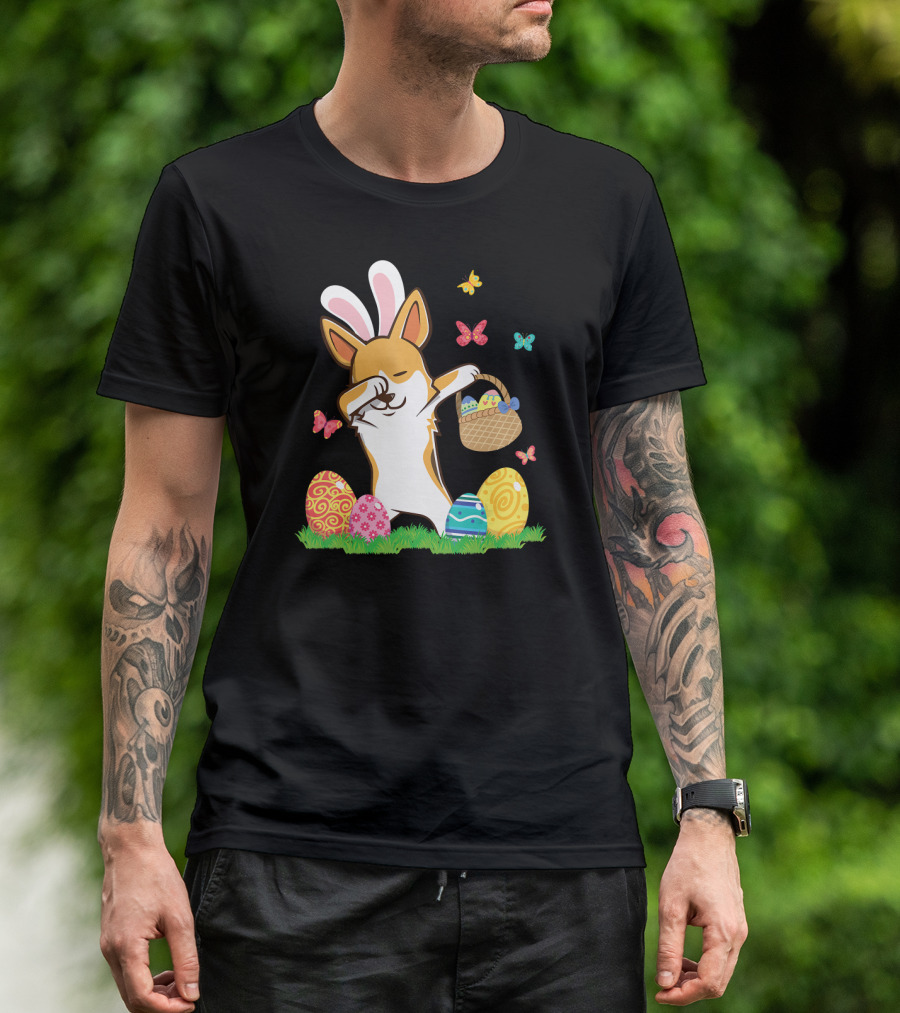 Corgi Bunny Dog Dabbing With Colorful Easter Eggs And Butterflies T-Shirt